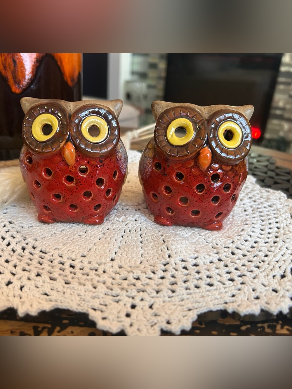 Vintage Ceramic Owl Tea Light Holders – Harvest Red Cutout Lantern Pair – MCM